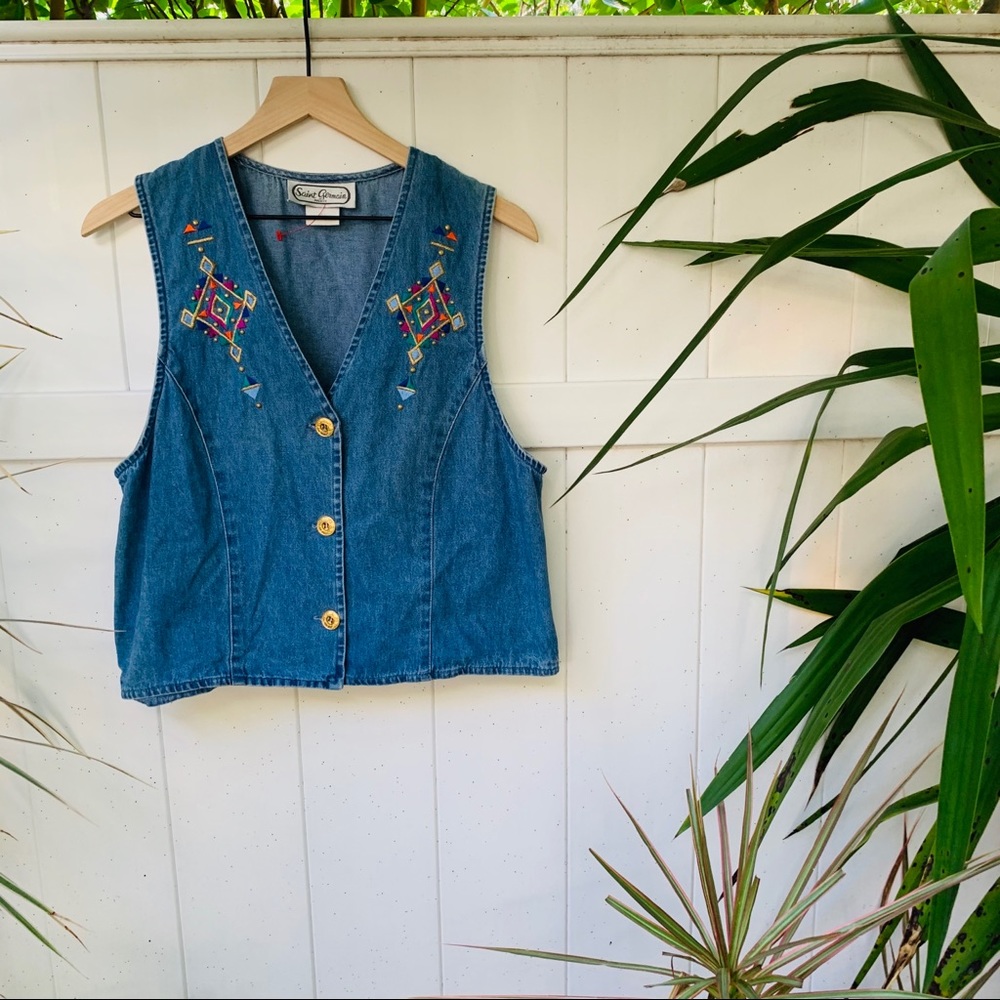 vintage vsco 90s denim funky hippy gold aztec vest - Picture 6 of 6